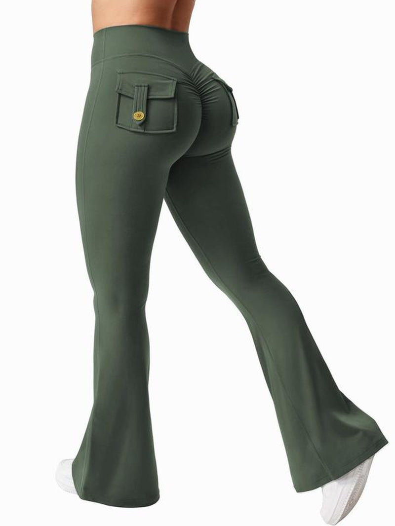 Women'S Solid High Waist Flare Leg Sports Leggings, Casual Comfy Pocket Design Bell Bottom Yoga Pants for Daily Wear, Ladies Sportswear for Indoor Outdoor Wear, Flared Yoga Pants, Leggings Pockets