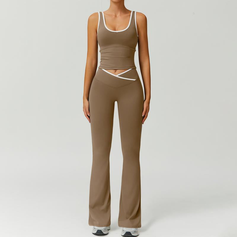 Timeoff Two-Piece Women'S Color Block U-Neck Piped Sleeveless Tank Top and Bell Bottom Pants, Perfect for Yoga, Fitness, Outdoor Sports, and Daily Wear.