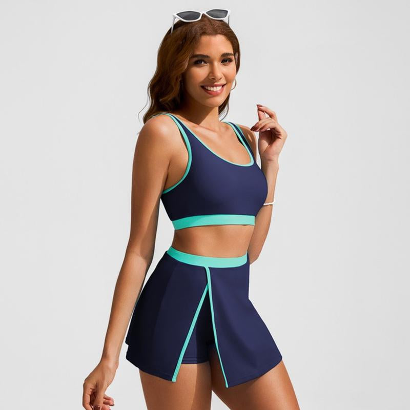 【S-2Xl】Hanna Nikole Bikini Sets for Women Color Block Swimsuits with Side Slit Swim Skirt Outdoorfun