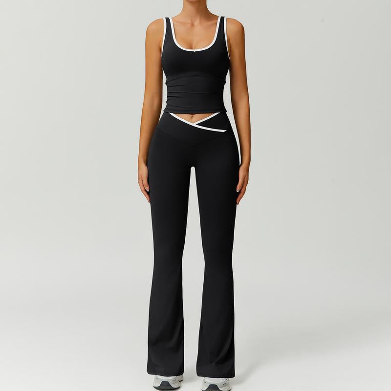Timeoff Two-Piece Women'S Color Block U-Neck Piped Sleeveless Tank Top and Bell Bottom Pants, Perfect for Yoga, Fitness, Outdoor Sports, and Daily Wear.