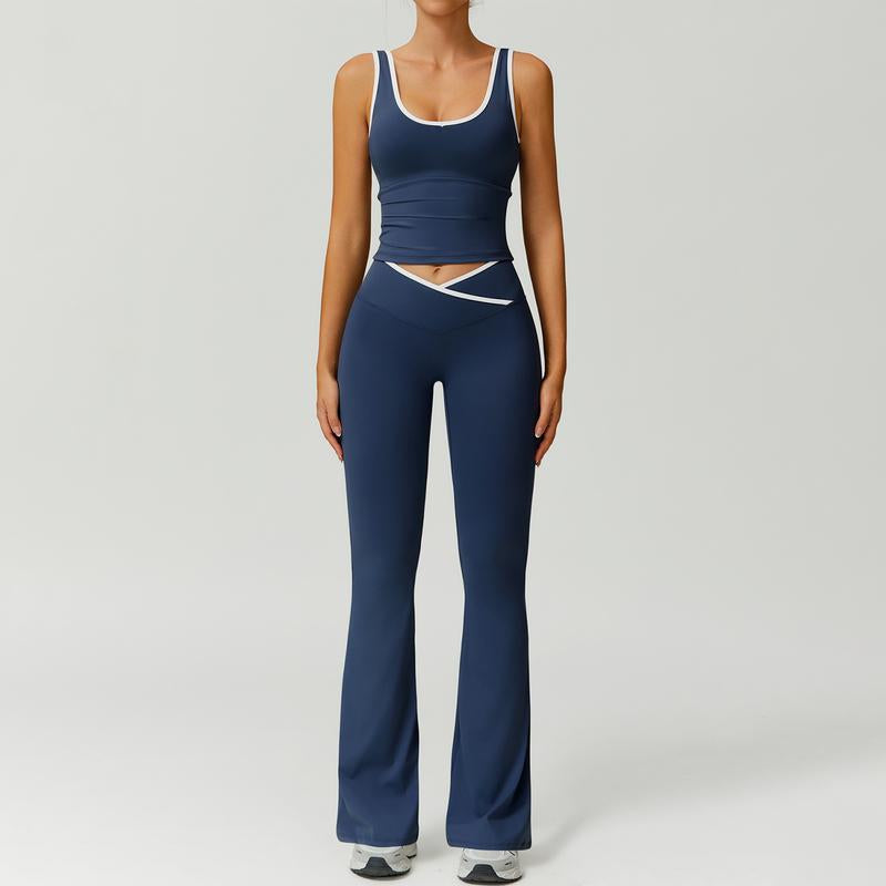Timeoff Two-Piece Women'S Color Block U-Neck Piped Sleeveless Tank Top and Bell Bottom Pants, Perfect for Yoga, Fitness, Outdoor Sports, and Daily Wear.