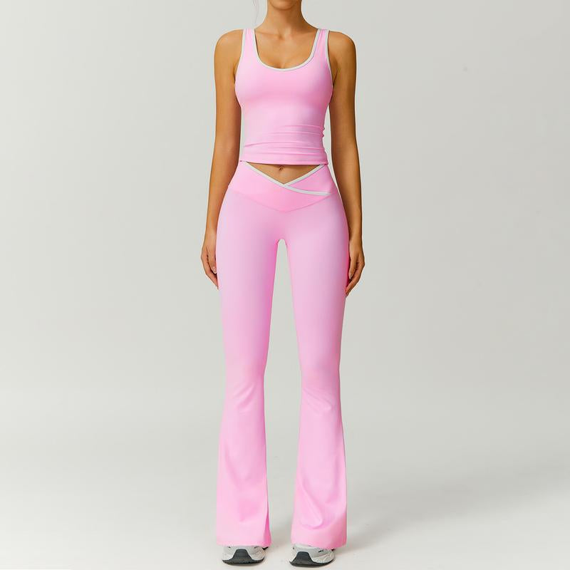 Timeoff Two-Piece Women'S Color Block U-Neck Piped Sleeveless Tank Top and Bell Bottom Pants, Perfect for Yoga, Fitness, Outdoor Sports, and Daily Wear.