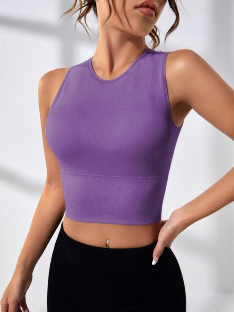 Women'S Cut Out round Neck Crop Sports Vest, Sporty Plain Cropped Sports Tank Top for Gym Workout Tennis Pickleball, Activewear, Women Sport & Outdoor Clothing, Gym Tops, Tops for Women
