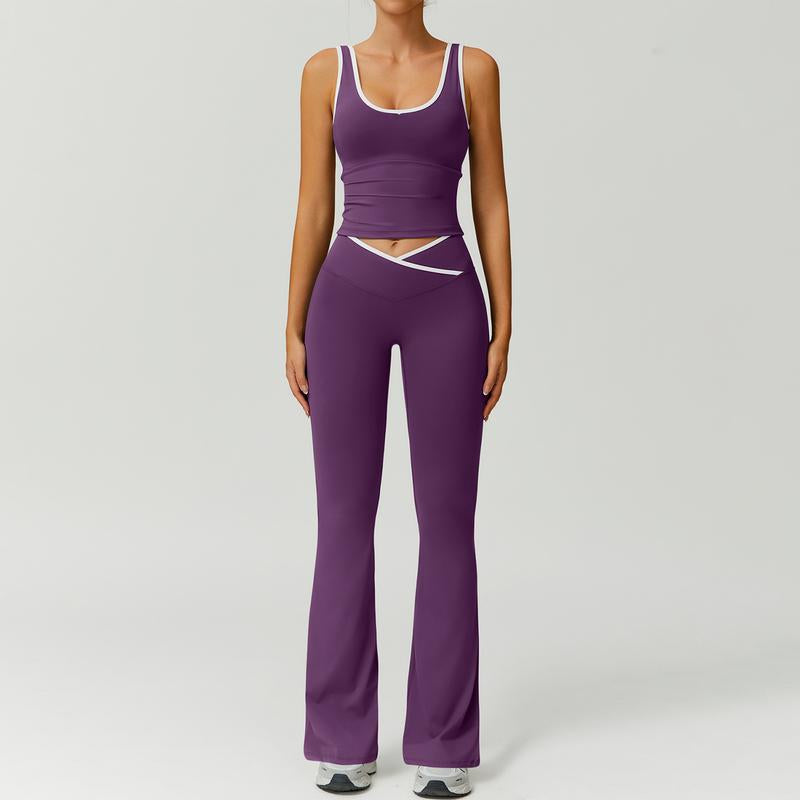 Timeoff Two-Piece Women'S Color Block U-Neck Piped Sleeveless Tank Top and Bell Bottom Pants, Perfect for Yoga, Fitness, Outdoor Sports, and Daily Wear.