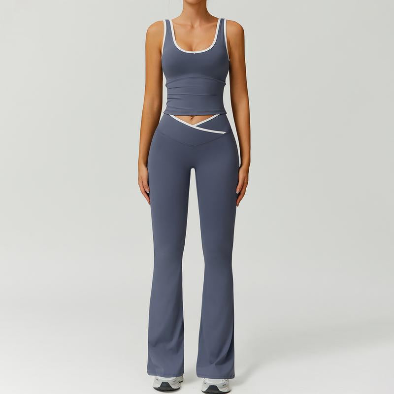 Timeoff Two-Piece Women'S Color Block U-Neck Piped Sleeveless Tank Top and Bell Bottom Pants, Perfect for Yoga, Fitness, Outdoor Sports, and Daily Wear.