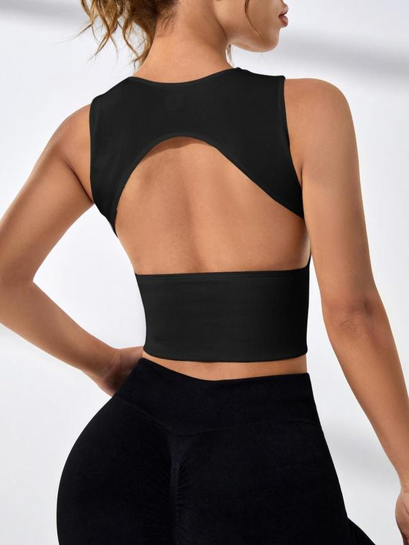 Women'S Cut Out round Neck Crop Sports Vest, Sporty Plain Cropped Sports Tank Top for Gym Workout Tennis Pickleball, Activewear, Women Sport & Outdoor Clothing, Gym Tops, Tops for Women
