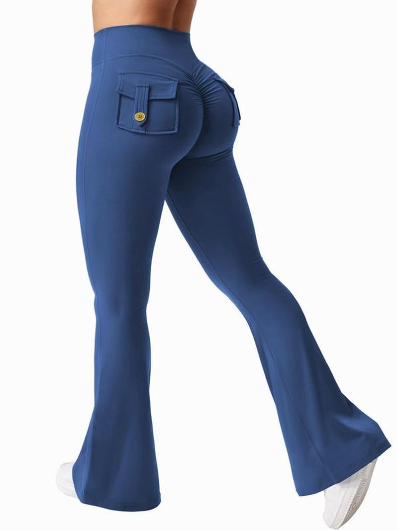 Women'S Solid High Waist Flare Leg Sports Leggings, Casual Comfy Pocket Design Bell Bottom Yoga Pants for Daily Wear, Ladies Sportswear for Indoor Outdoor Wear, Flared Yoga Pants, Leggings Pockets