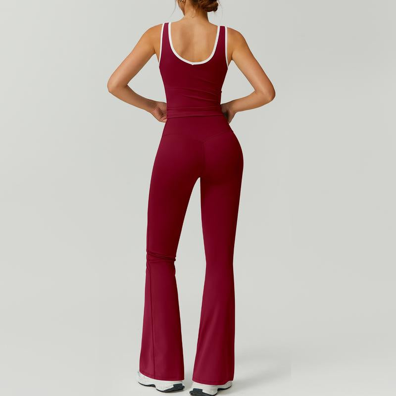 Timeoff Two-Piece Women'S Color Block U-Neck Piped Sleeveless Tank Top and Bell Bottom Pants, Perfect for Yoga, Fitness, Outdoor Sports, and Daily Wear.