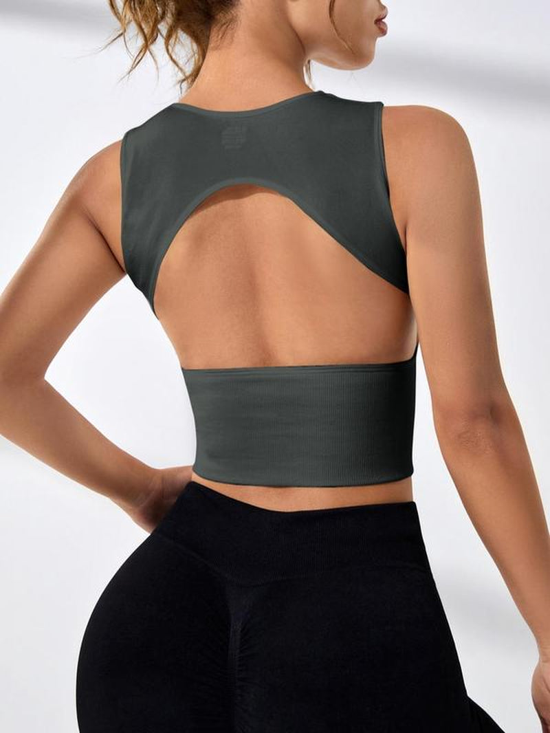 Women'S Cut Out round Neck Crop Sports Vest, Sporty Plain Cropped Sports Tank Top for Gym Workout Tennis Pickleball, Activewear, Women Sport & Outdoor Clothing, Gym Tops, Tops for Women