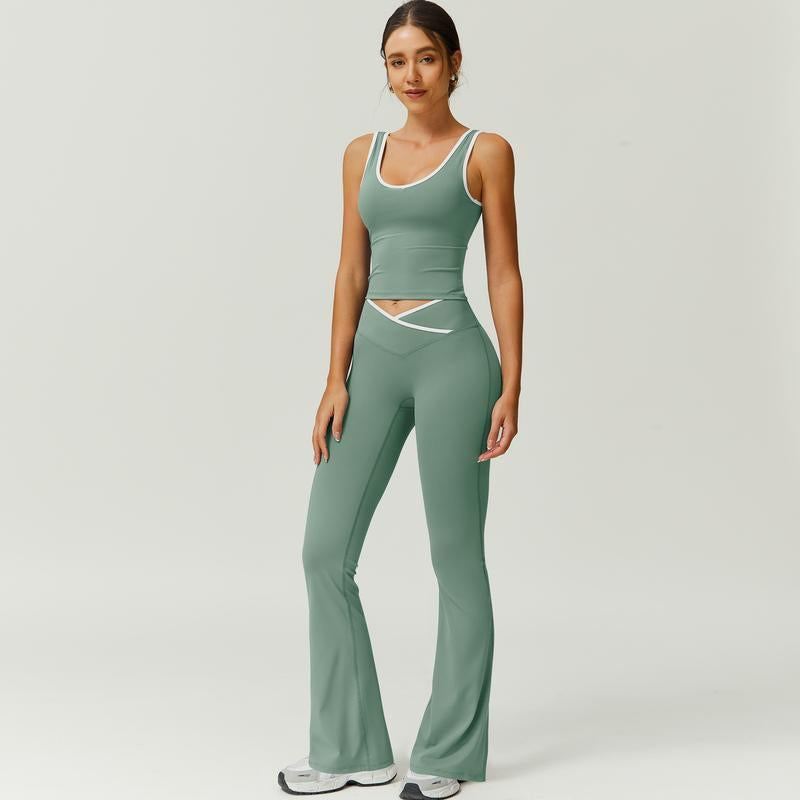 Timeoff Two-Piece Women'S Color Block U-Neck Piped Sleeveless Tank Top and Bell Bottom Pants, Perfect for Yoga, Fitness, Outdoor Sports, and Daily Wear.
