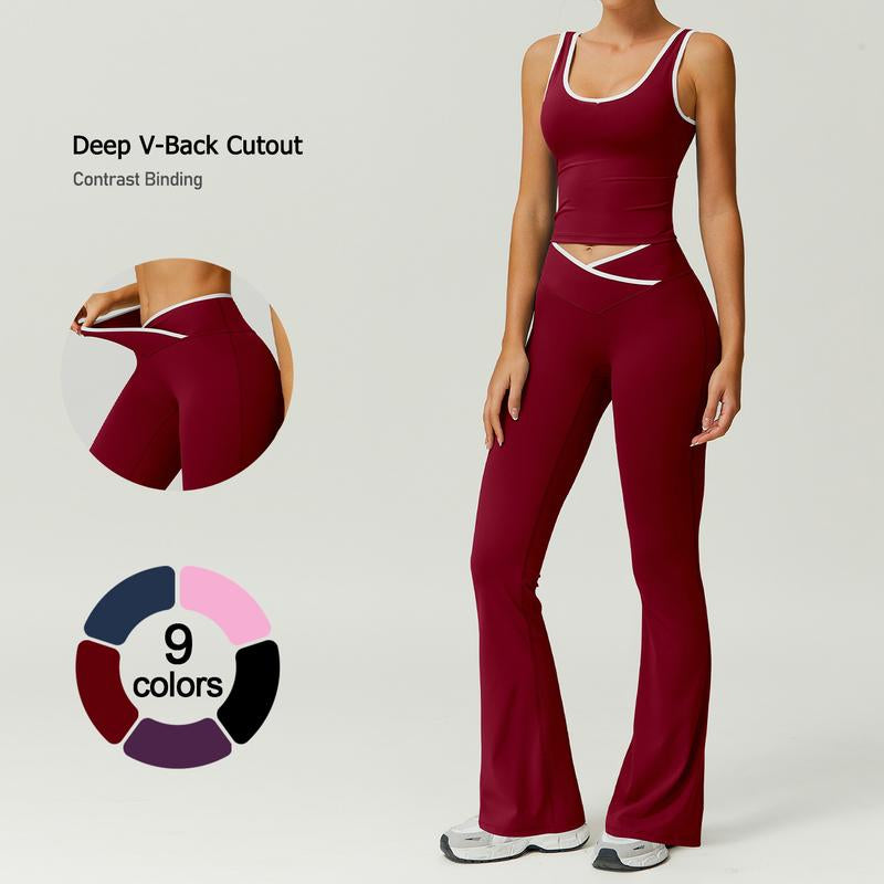Timeoff Two-Piece Women'S Color Block U-Neck Piped Sleeveless Tank Top and Bell Bottom Pants, Perfect for Yoga, Fitness, Outdoor Sports, and Daily Wear.