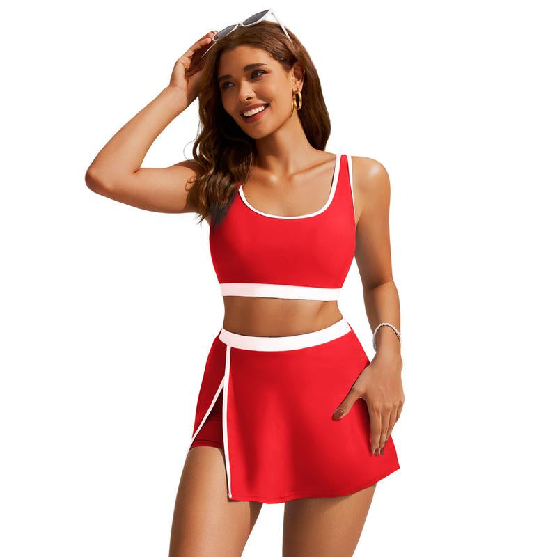 【S-2Xl】Hanna Nikole Bikini Sets for Women Color Block Swimsuits with Side Slit Swim Skirt Outdoorfun