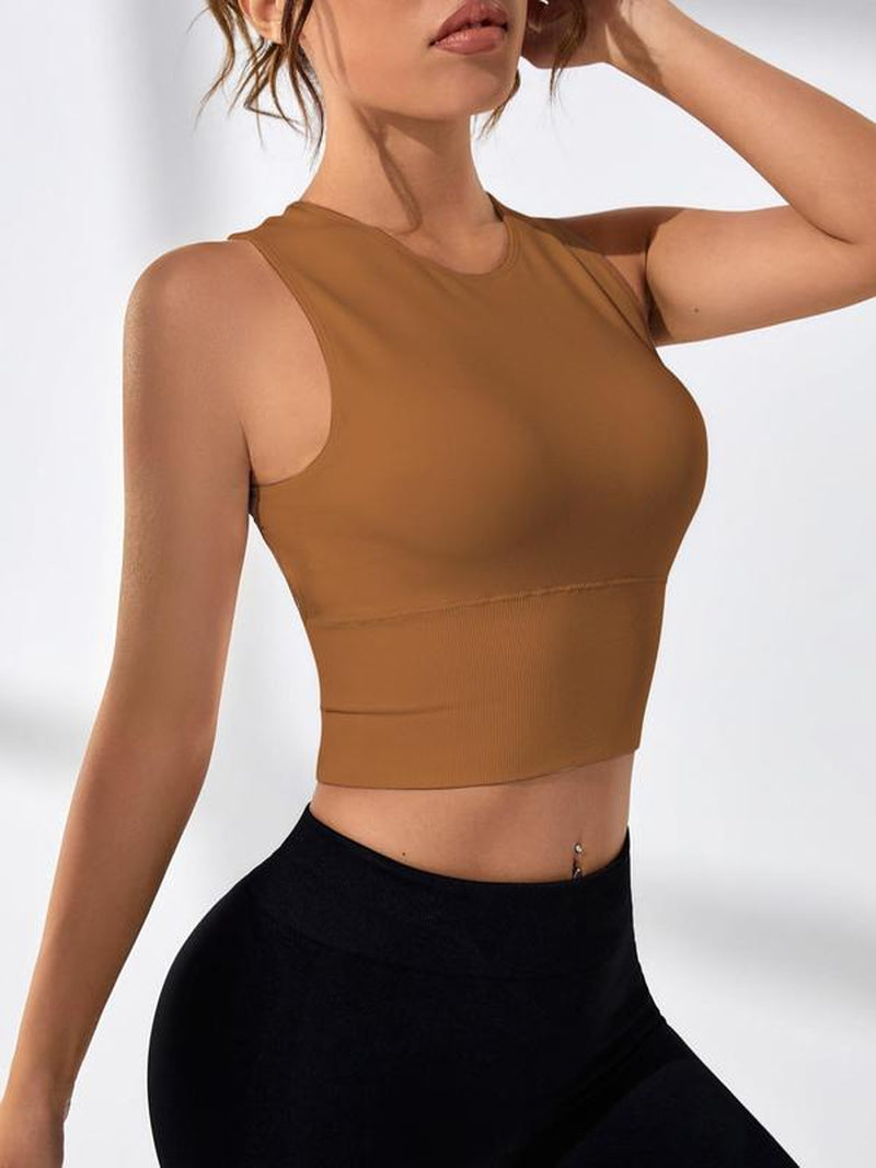 Women'S Cut Out round Neck Crop Sports Vest, Sporty Plain Cropped Sports Tank Top for Gym Workout Tennis Pickleball, Activewear, Women Sport & Outdoor Clothing, Gym Tops, Tops for Women