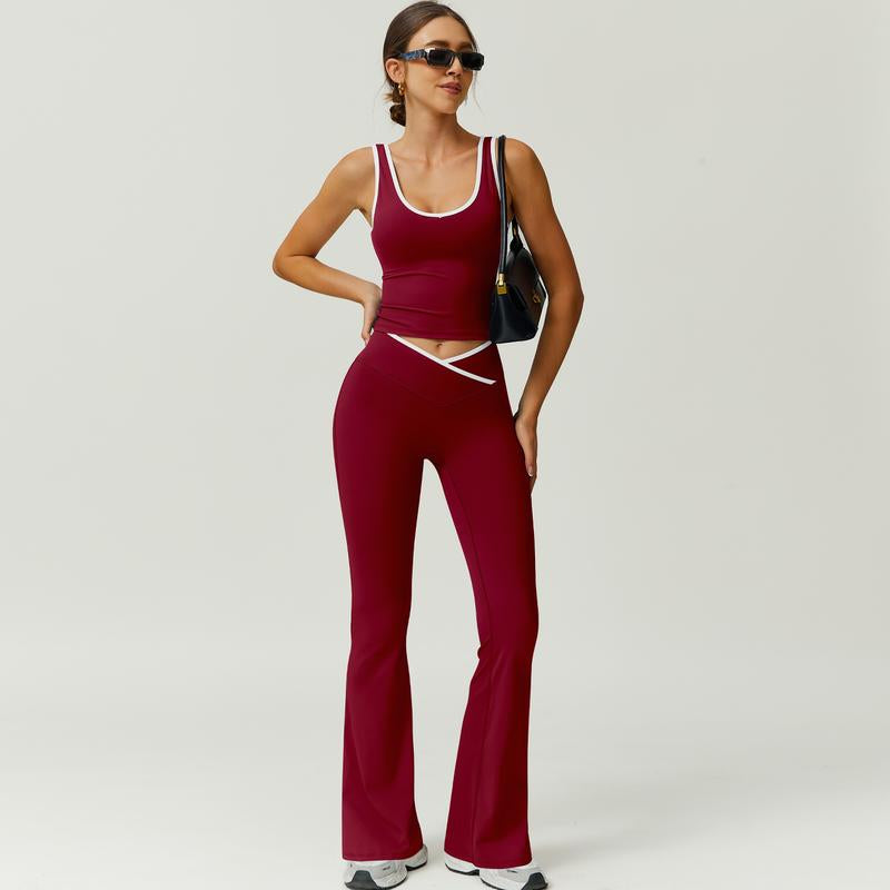 Timeoff Two-Piece Women'S Color Block U-Neck Piped Sleeveless Tank Top and Bell Bottom Pants, Perfect for Yoga, Fitness, Outdoor Sports, and Daily Wear.