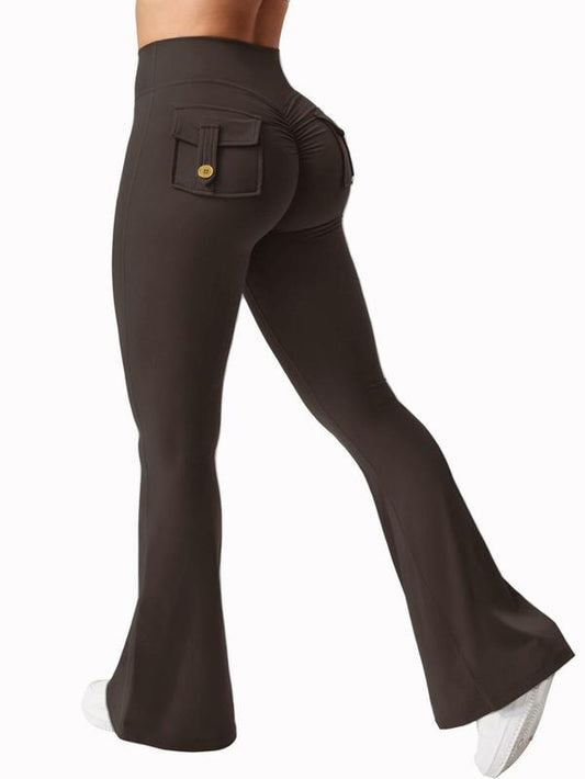 Women'S Solid High Waist Flare Leg Sports Leggings, Casual Comfy Pocket Design Bell Bottom Yoga Pants for Daily Wear, Ladies Sportswear for Indoor Outdoor Wear, Flared Yoga Pants, Leggings Pockets