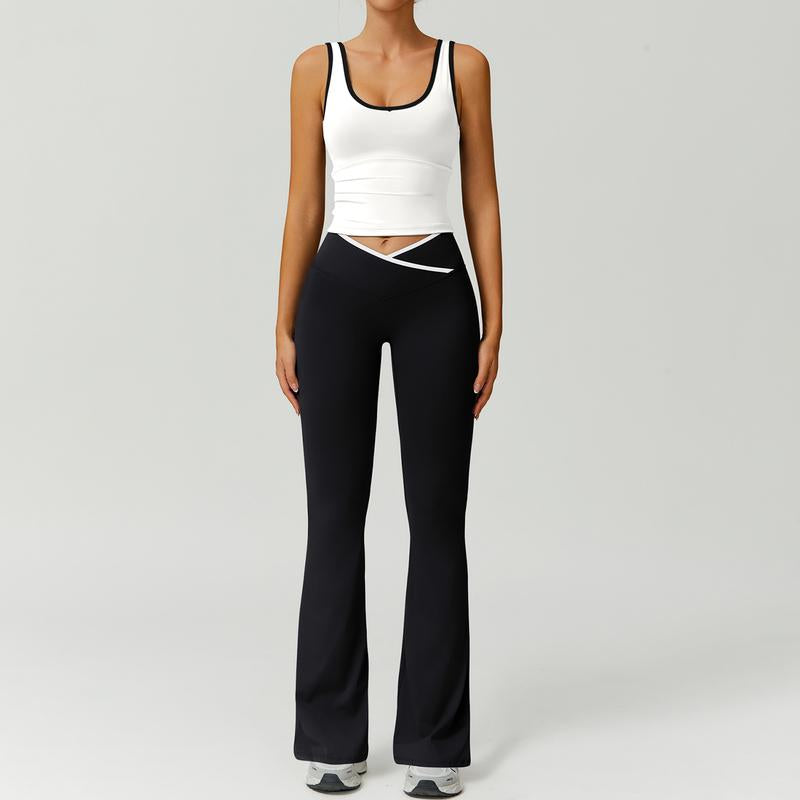 Timeoff Two-Piece Women'S Color Block U-Neck Piped Sleeveless Tank Top and Bell Bottom Pants, Perfect for Yoga, Fitness, Outdoor Sports, and Daily Wear.