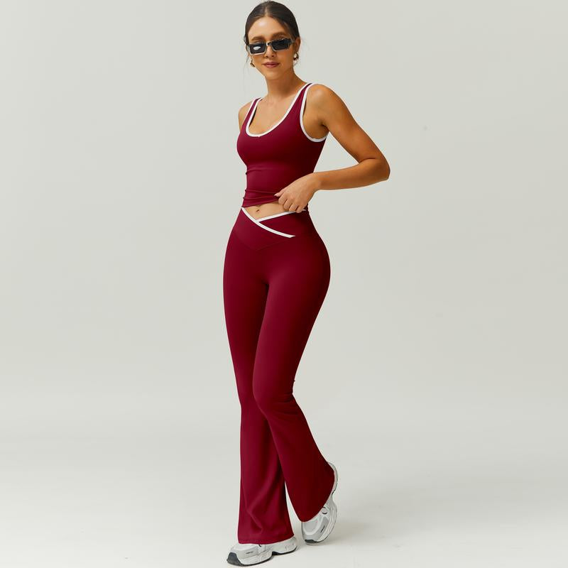 Timeoff Two-Piece Women'S Color Block U-Neck Piped Sleeveless Tank Top and Bell Bottom Pants, Perfect for Yoga, Fitness, Outdoor Sports, and Daily Wear.