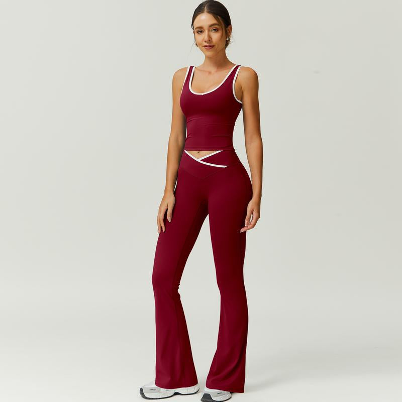 Timeoff Two-Piece Women'S Color Block U-Neck Piped Sleeveless Tank Top and Bell Bottom Pants, Perfect for Yoga, Fitness, Outdoor Sports, and Daily Wear.