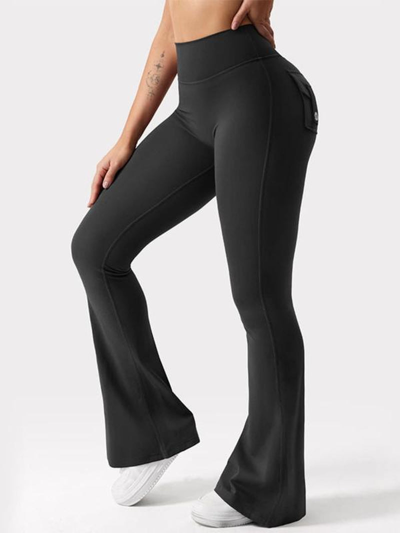 Women'S Solid High Waist Flare Leg Sports Leggings, Casual Comfy Pocket Design Bell Bottom Yoga Pants for Daily Wear, Ladies Sportswear for Indoor Outdoor Wear, Flared Yoga Pants, Leggings Pockets