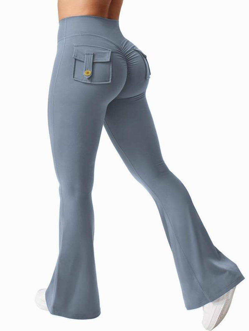 Women'S Solid High Waist Flare Leg Sports Leggings, Casual Comfy Pocket Design Bell Bottom Yoga Pants for Daily Wear, Ladies Sportswear for Indoor Outdoor Wear, Flared Yoga Pants, Leggings Pockets