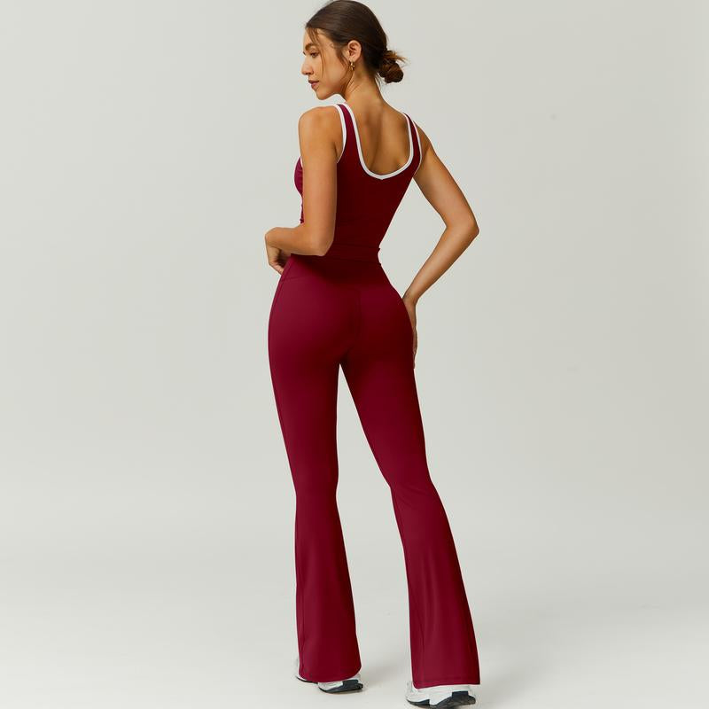 Timeoff Two-Piece Women'S Color Block U-Neck Piped Sleeveless Tank Top and Bell Bottom Pants, Perfect for Yoga, Fitness, Outdoor Sports, and Daily Wear.