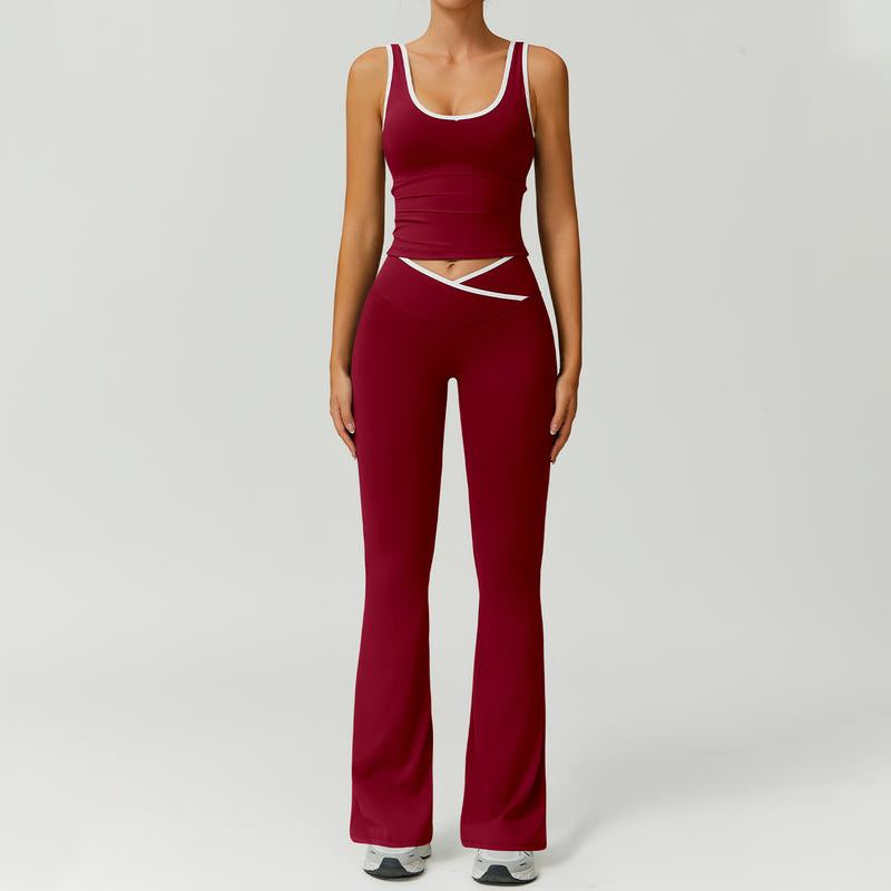 Timeoff Two-Piece Women'S Color Block U-Neck Piped Sleeveless Tank Top and Bell Bottom Pants, Perfect for Yoga, Fitness, Outdoor Sports, and Daily Wear.