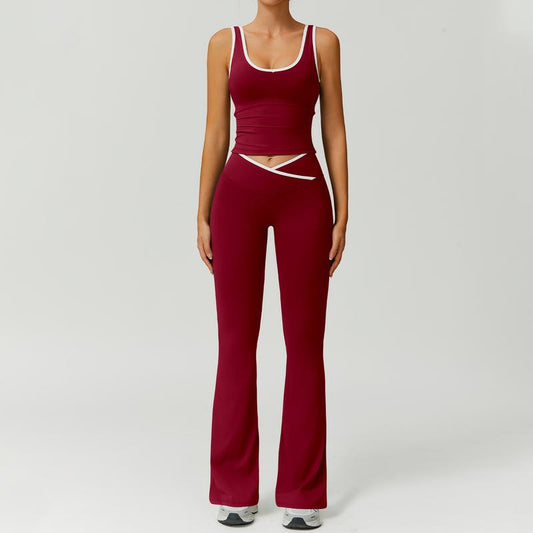 Timeoff Two-Piece Women'S Color Block U-Neck Piped Sleeveless Tank Top and Bell Bottom Pants, Perfect for Yoga, Fitness, Outdoor Sports, and Daily Wear.